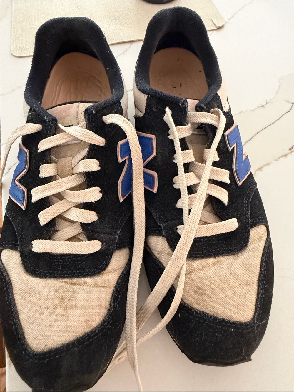 New Balance Black Cream Sneakers with Blue N Accents